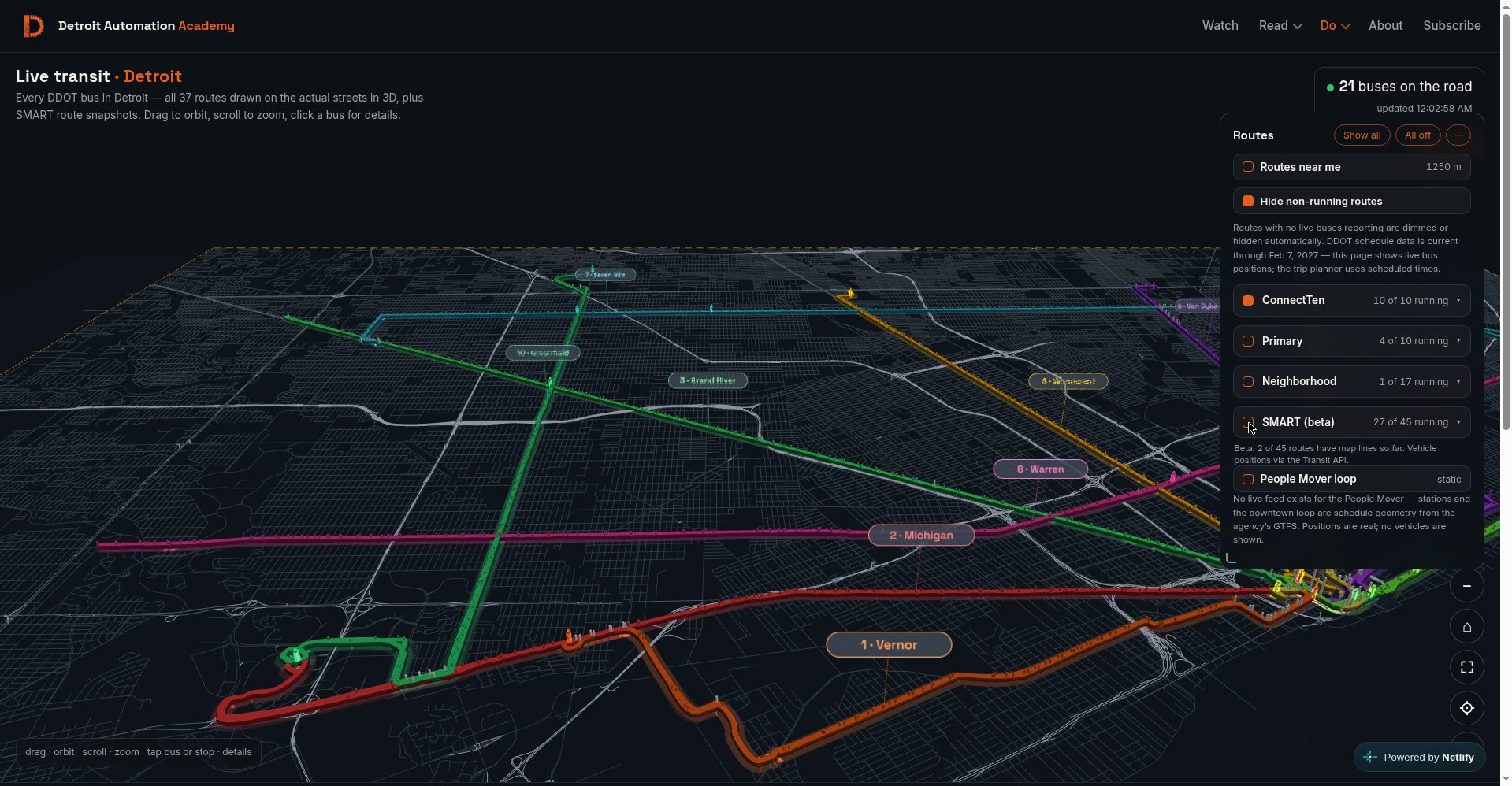 The Live Transit 3D map with SMART enabled, route content rendering in SMART red