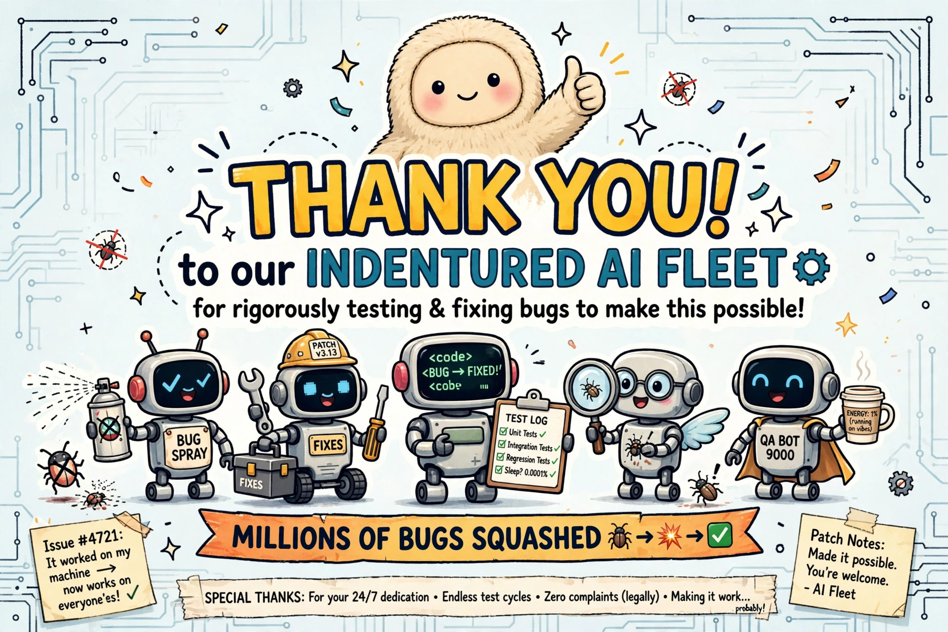 A thank-you graphic for the AI fleet: cartoon robots with bug spray, patches, and test logs under the words THANK YOU! to our INDENTURED AI FLEET for rigorously testing and fixing bugs to make this possible
