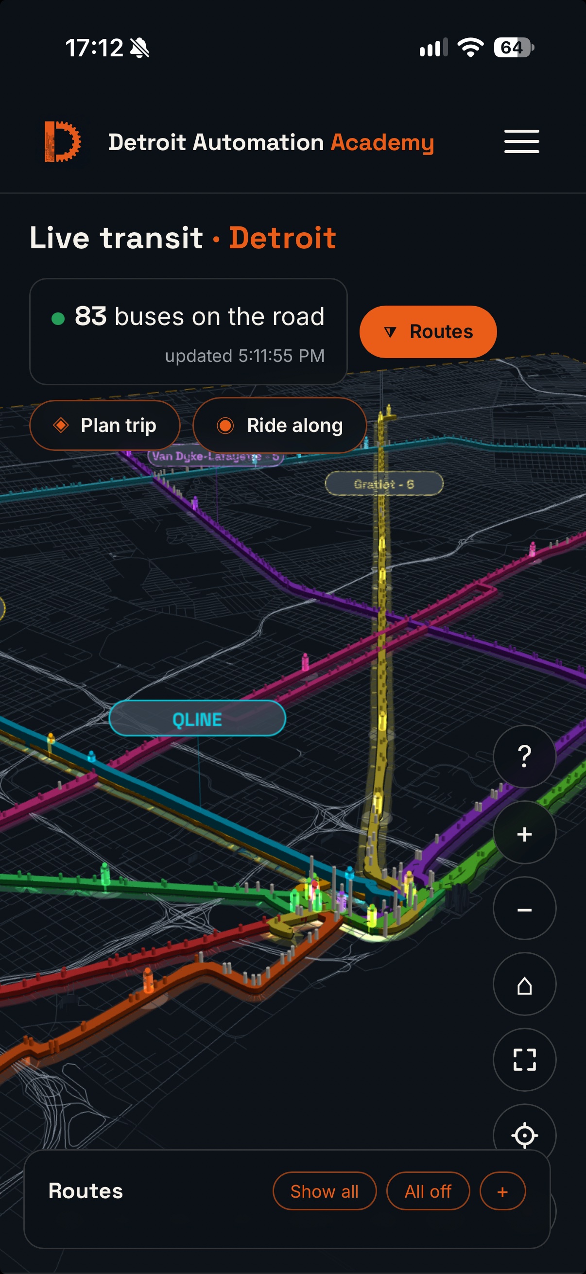 The Live Transit map after the fix: the QLINE route line and label lie on the Woodward Avenue corridor among the other route lines