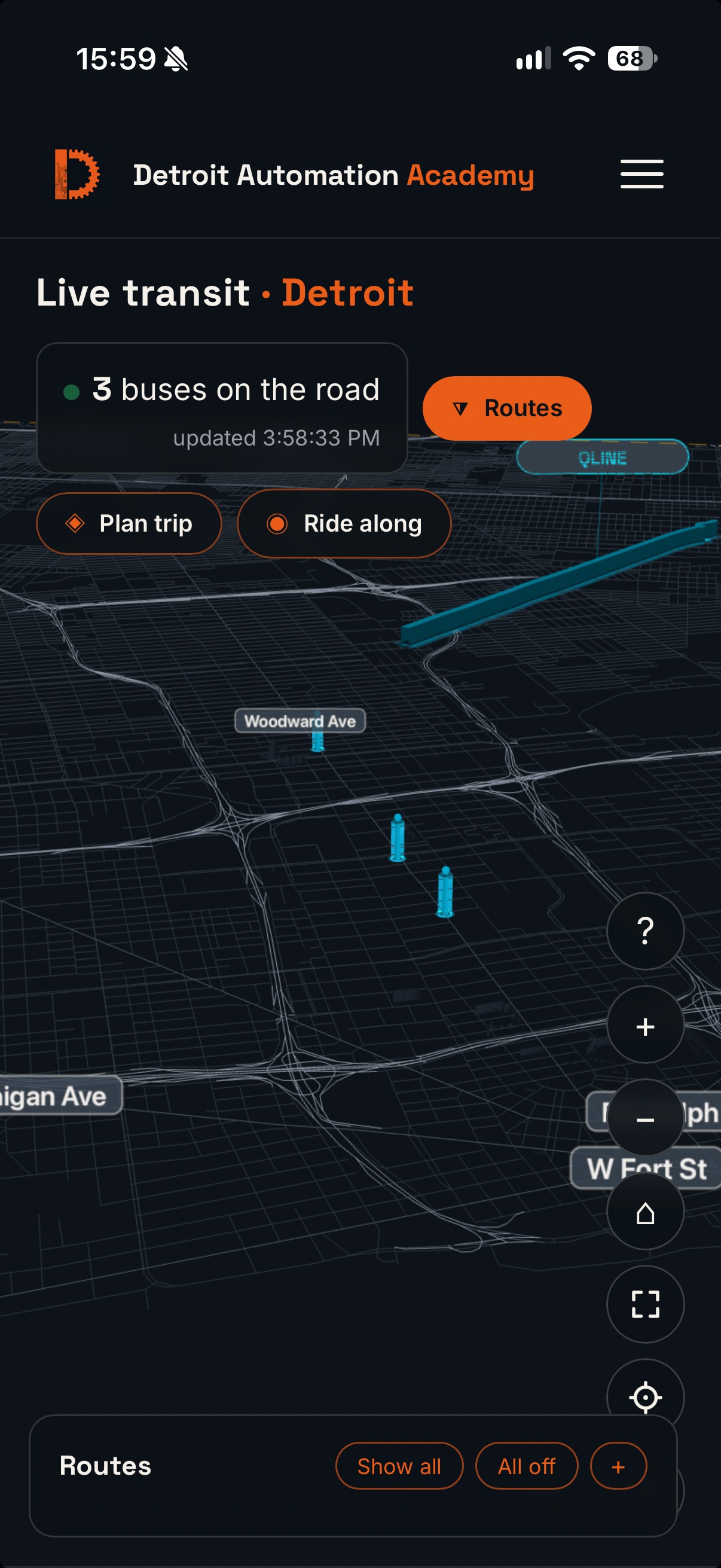 The Live Transit map before the fix: the QLINE route line renders as a diagonal bar across the grid while vehicle markers sit near Woodward Avenue