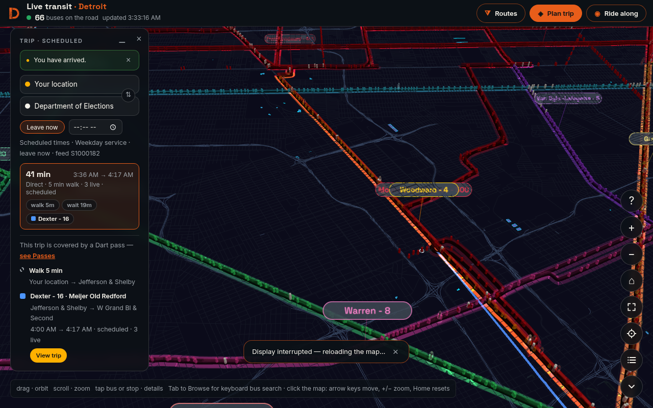 Live Transit Detroit trip planner showing a composed trip to the Department of Elections