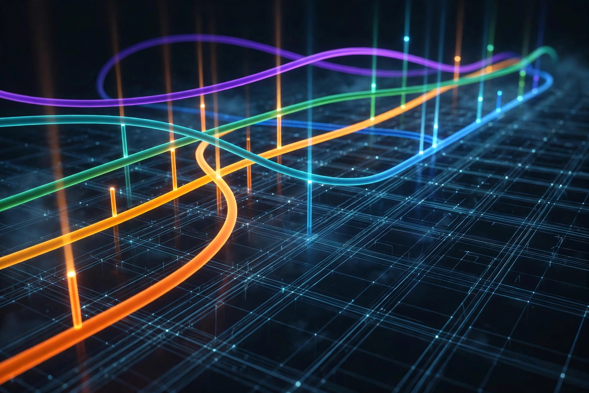 Glowing colored transit lines flowing over a dark digital street grid.