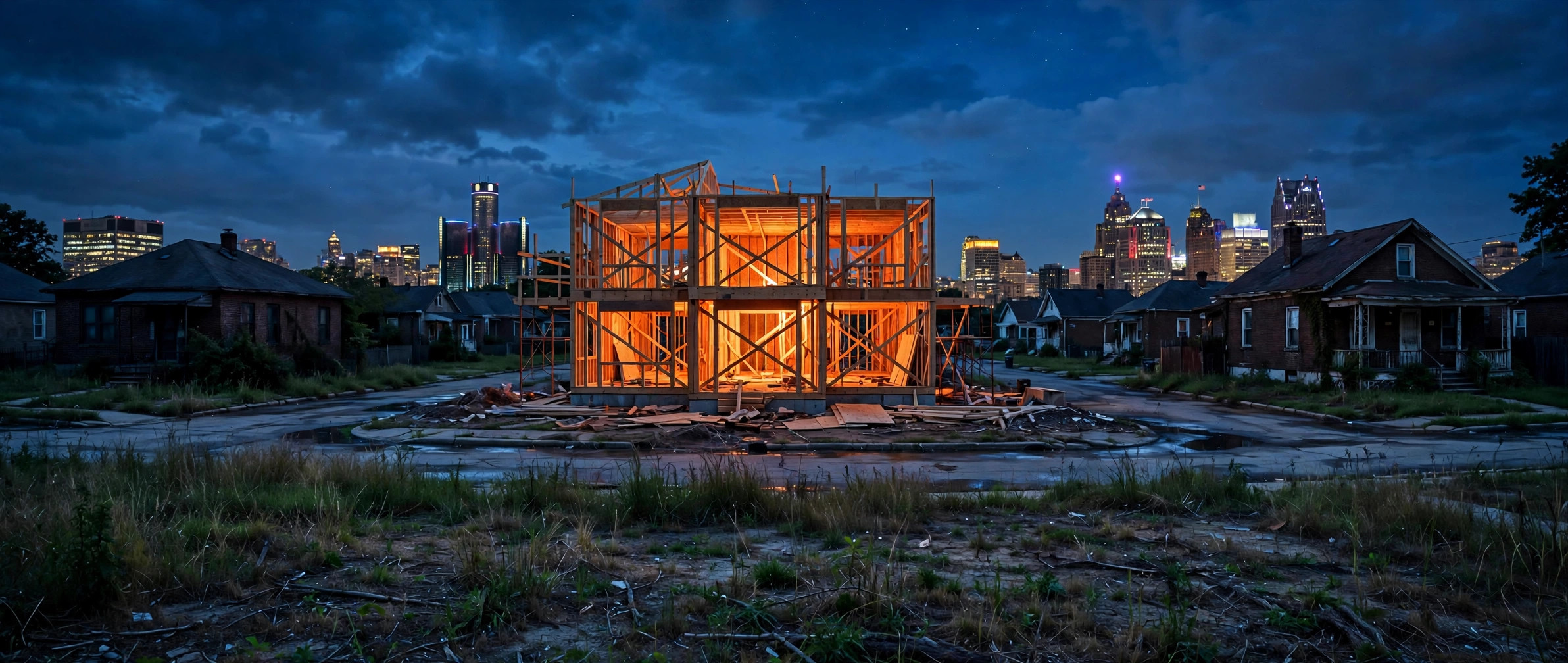 A wood-framed house glowing under construction at dusk, surrounded by older brick homes with the lit Detroit skyline behind it.