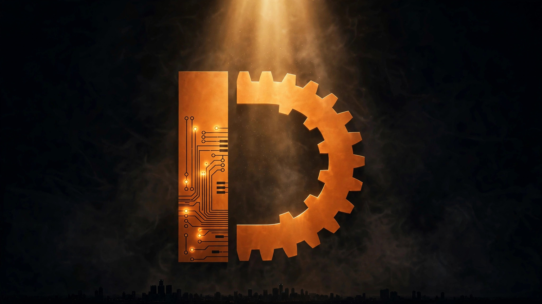 Glowing gear-tooth letter D with circuit traces, lit from above against a dark city skyline.