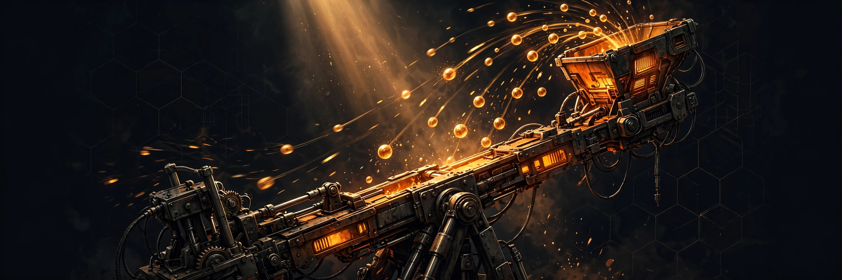 Steampunk-style mechanical launcher firing glowing golden pollen spheres into the air against a dark hexagonal backdrop.