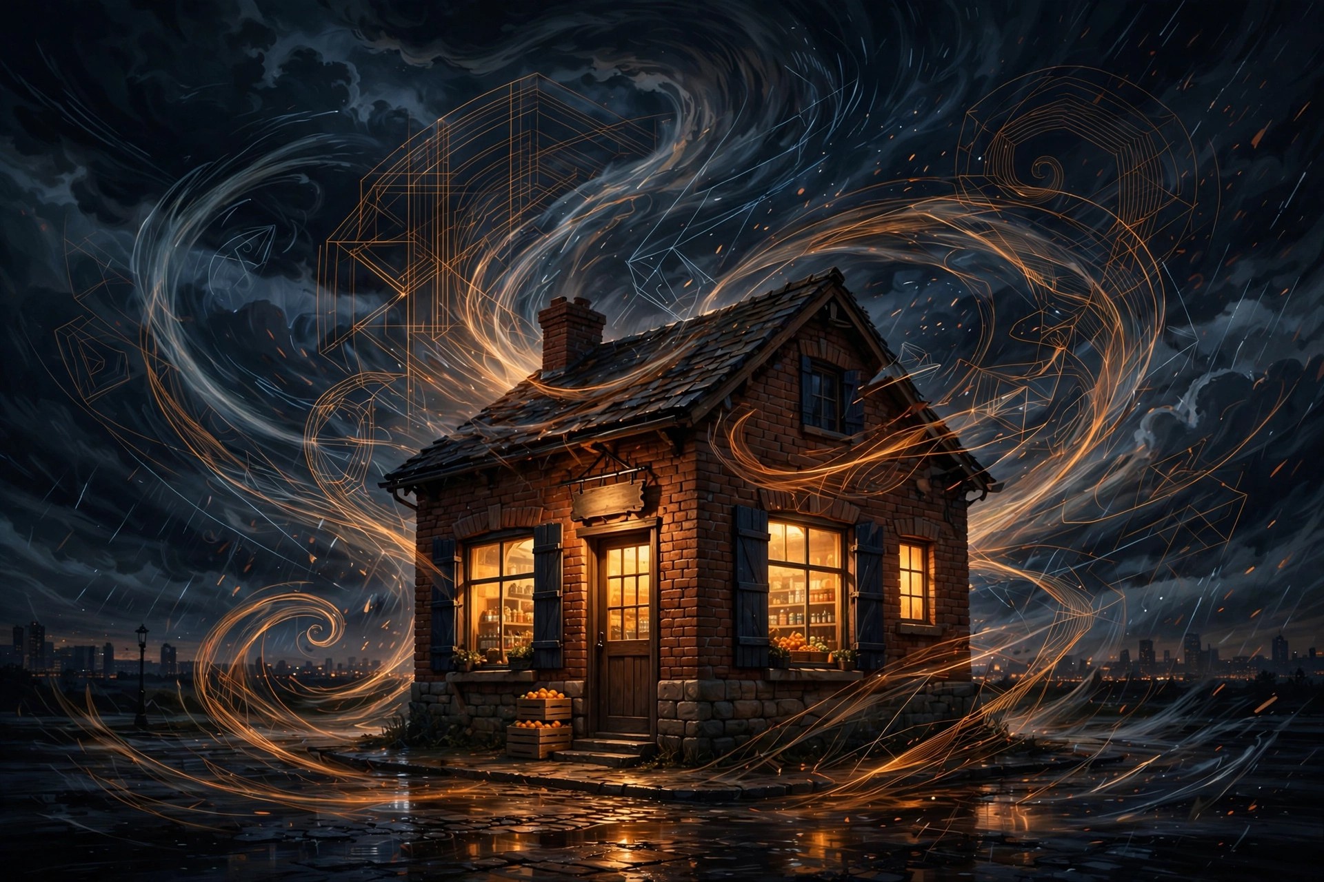 A warmly lit brick corner grocery glowing at night, wrapped in swirling golden light trails under a stormy sky.