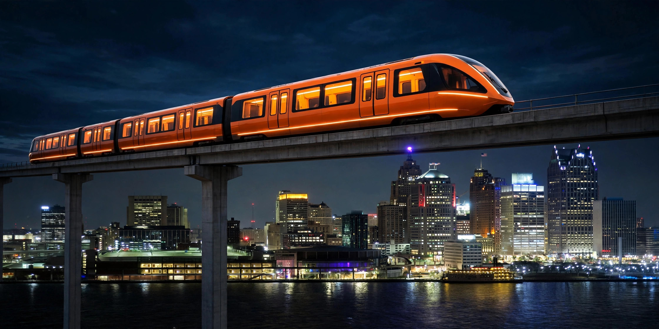 An orange automated train with glowing windows on an elevated guideway above the Detroit skyline at night.